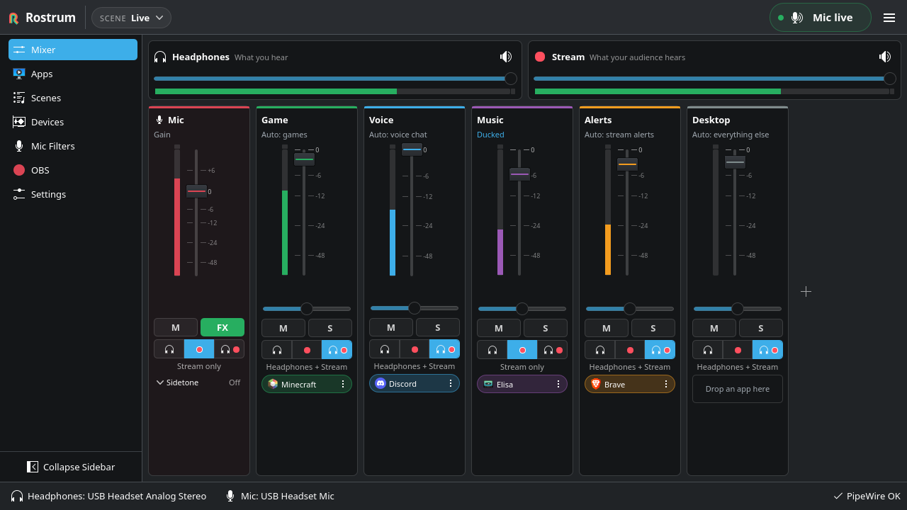 The Rostrum mixer: Headphones and Stream masters at the top, then Mic, Game, Voice, Music, Alerts and Desktop buses, each with a fader, mute, solo, a destination and the apps playing on it.