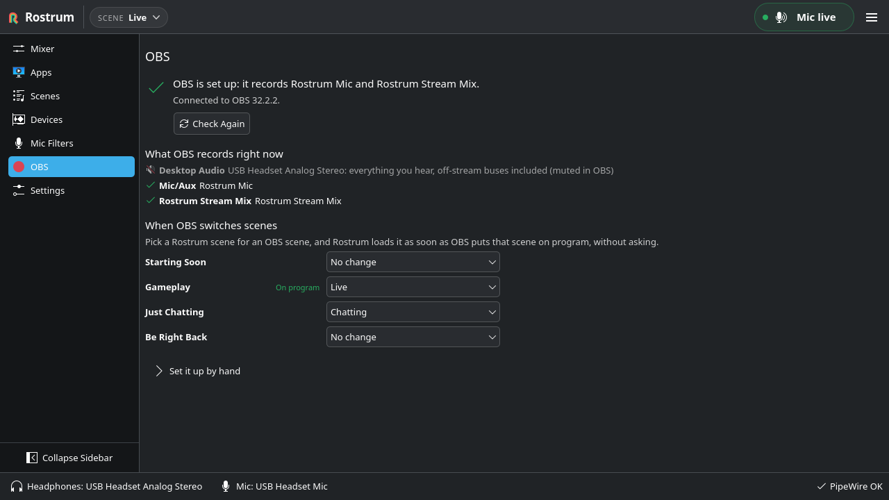 The OBS page: OBS is set up and records Rostrum Mic and Rostrum Stream Mix, followed by a list of what OBS records right now.
